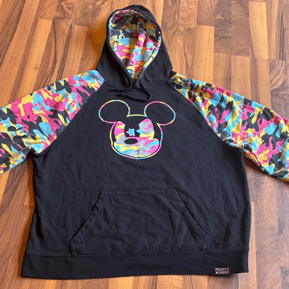 Angry Mickey Mouse Black Hoodie with Camo Colorful Sleeves. Official Disney.